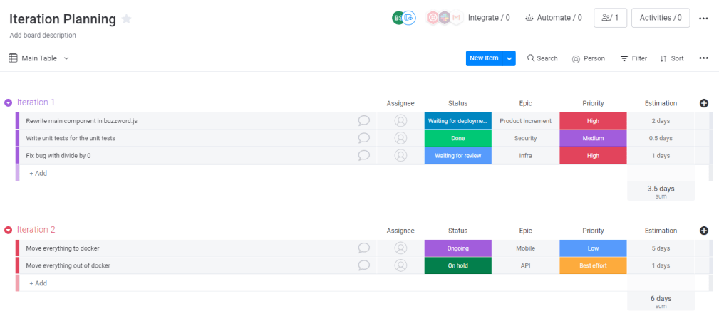 Iteration planning template in monday UI