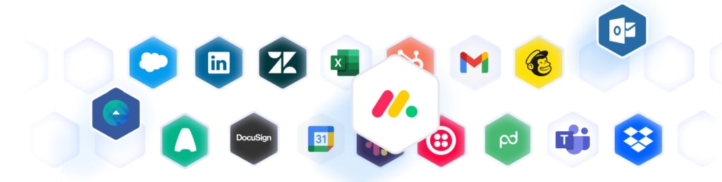 Screenshot of the different app icons that integrate with your monday sales CRM pipeline. Choose from software like Zoom, Slack, LinkedIn, and more. 