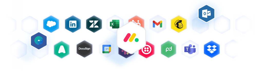 A screenshot highlighting integrations in monday sales CRM for startups. 
