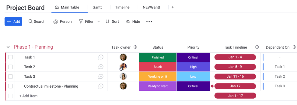 monday.com board displaying status columns and labels