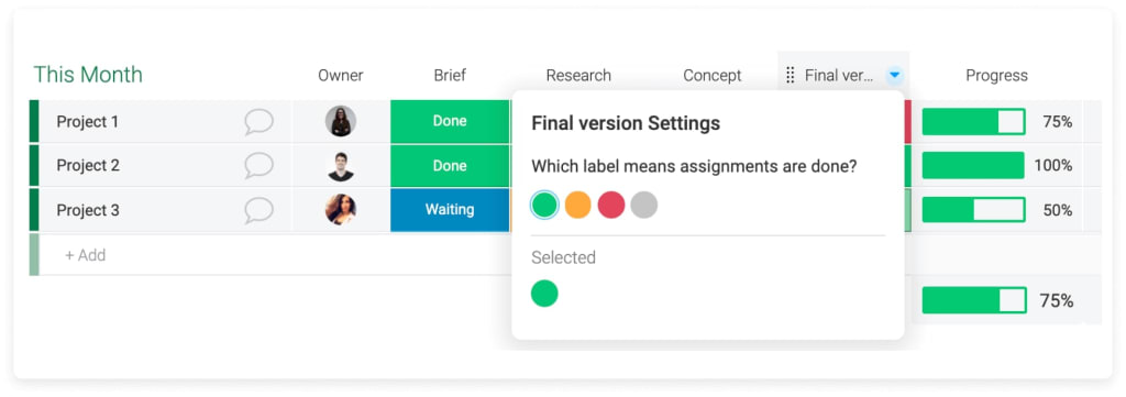 Screenshot of the progress tracking column on monday.com