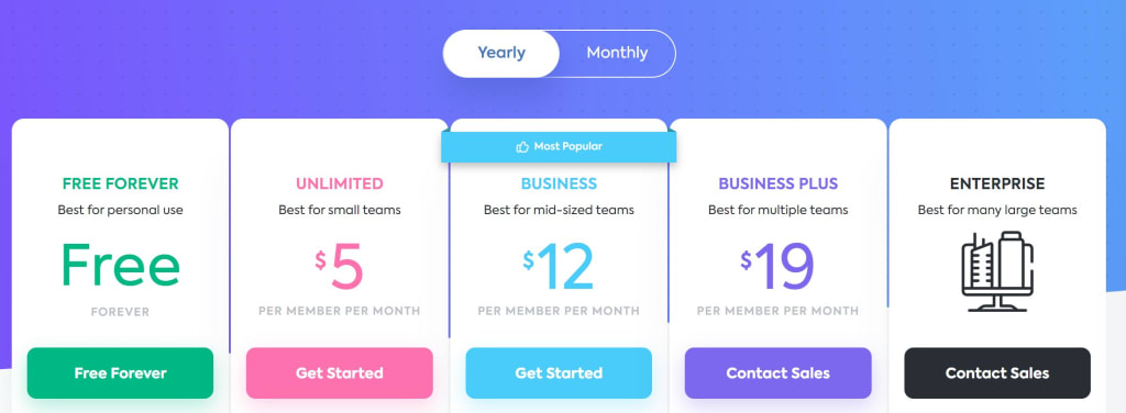 A screenshot of ClickUp's pricing to demonstrate the comparison between ClickUp vs. Asana. 