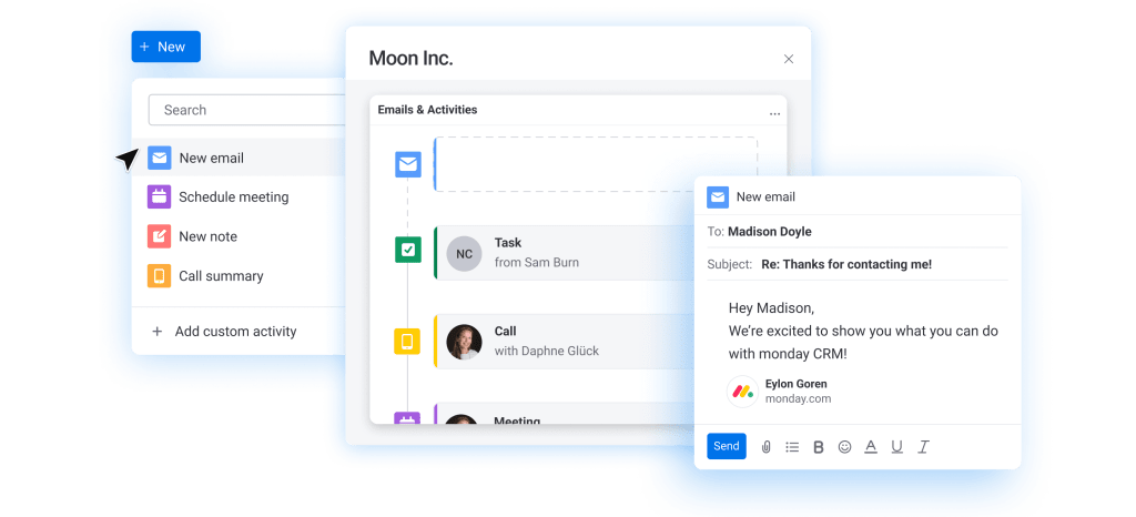 A screenshot highlighting communication features in monday sales CRM for startups. 