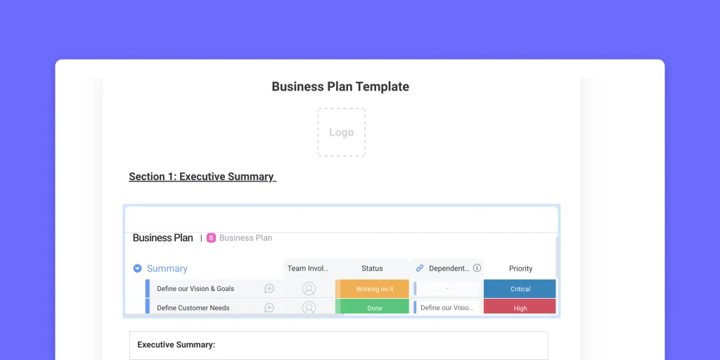 Example of a business plan template on monday.com
