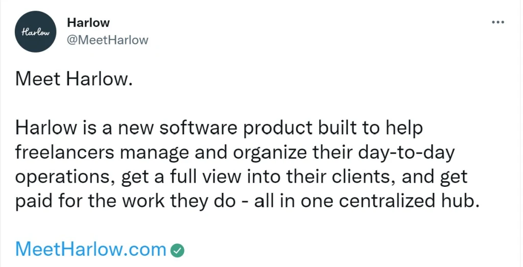 A tweet announcing the launch of Harlow's freelancing software and demonstrating a great use of demand generation tactics. 