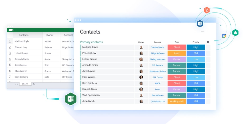 Screenshot of monday sales CRM contact management feature that allows you to store and connect all your new and existing contact data in one central location. 