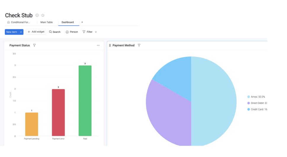 check stub dashboard view