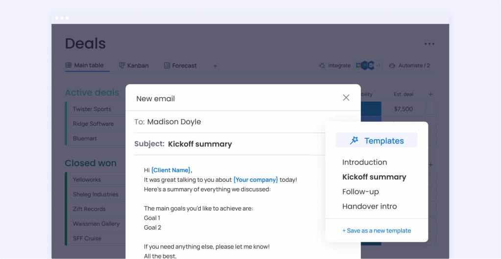 Save time with personalized email templates and AI-powered suggestions in monday sales CRM.