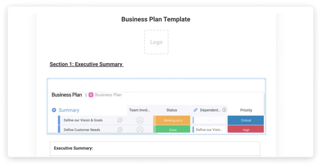 example of the business plan template on monday.com