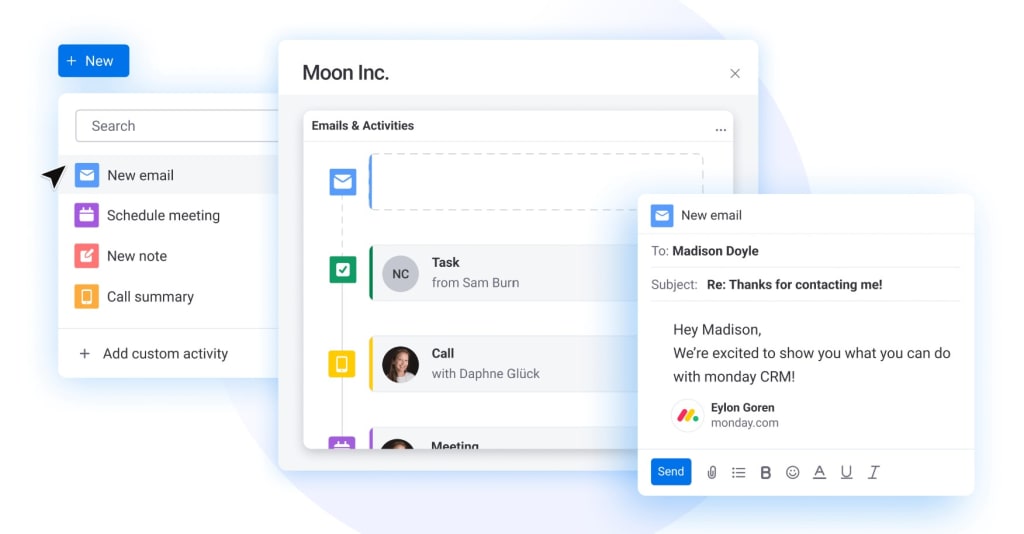 Screenshot of monday sales CRM pipeline email management showing how sales and marketing teams receive automated notifications that inform their follow-up strategies. 