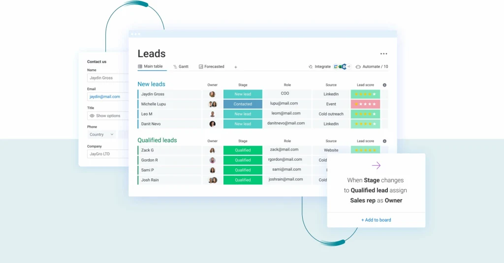 A screenshot of lead scoring in monday sales CRM which can be used to create segments for mass email targeting. 