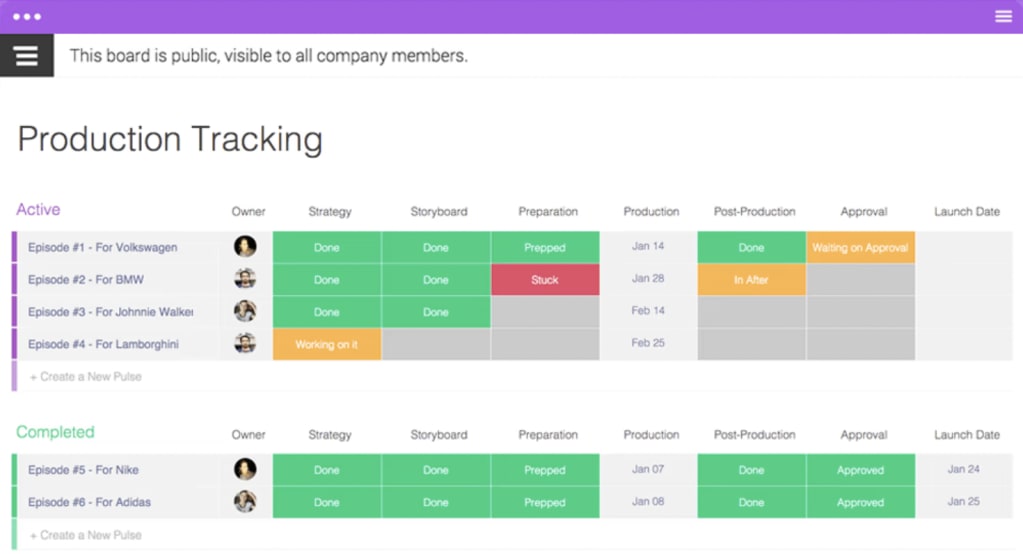 monday.com production tracking board