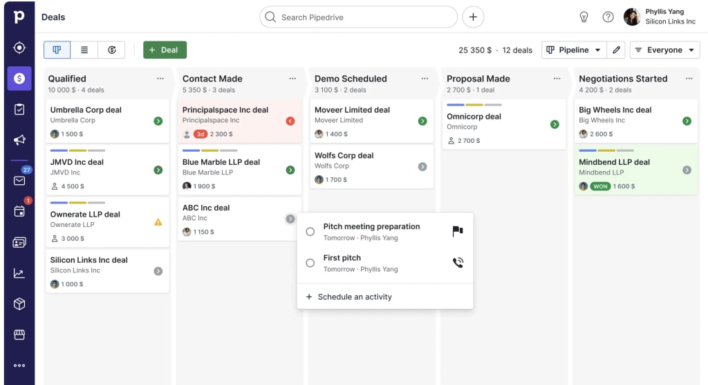 Pipedrive CRM dashboard with columns and leads 