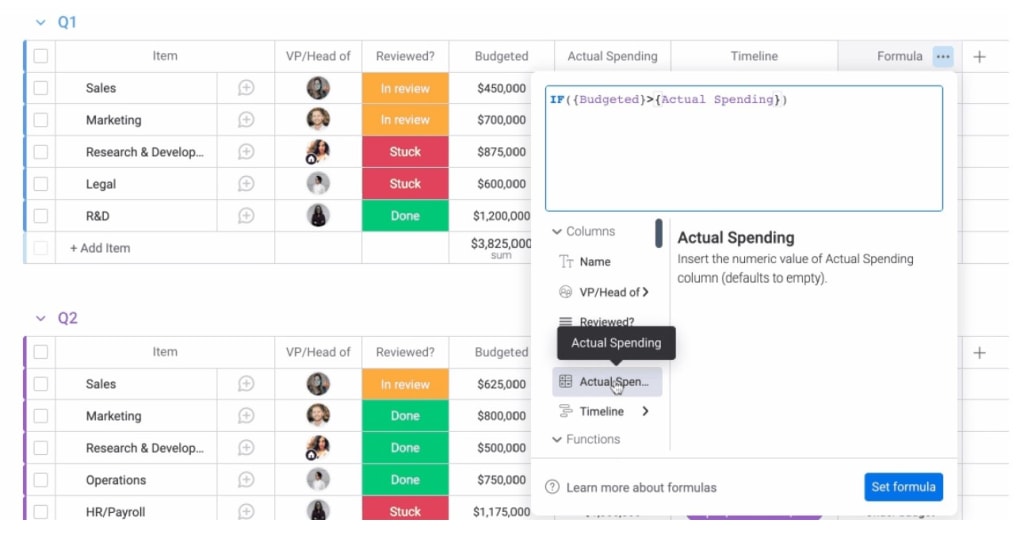 A screenshot of formula functionality in monday.com - ideal for calculating sales revenue. 