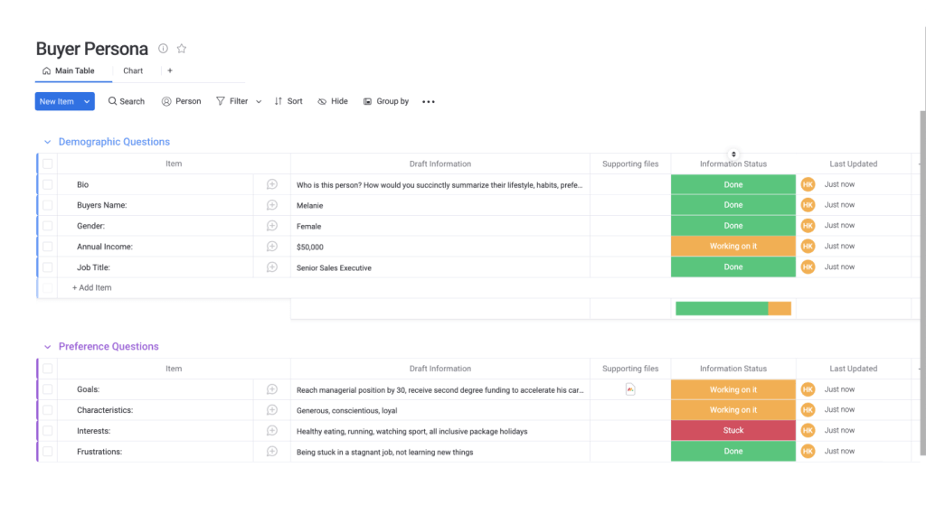 Buyer persona table template from monday.com