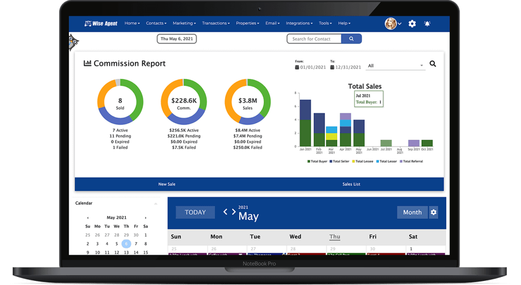 Wise agent CRM dashboard view on a laptop