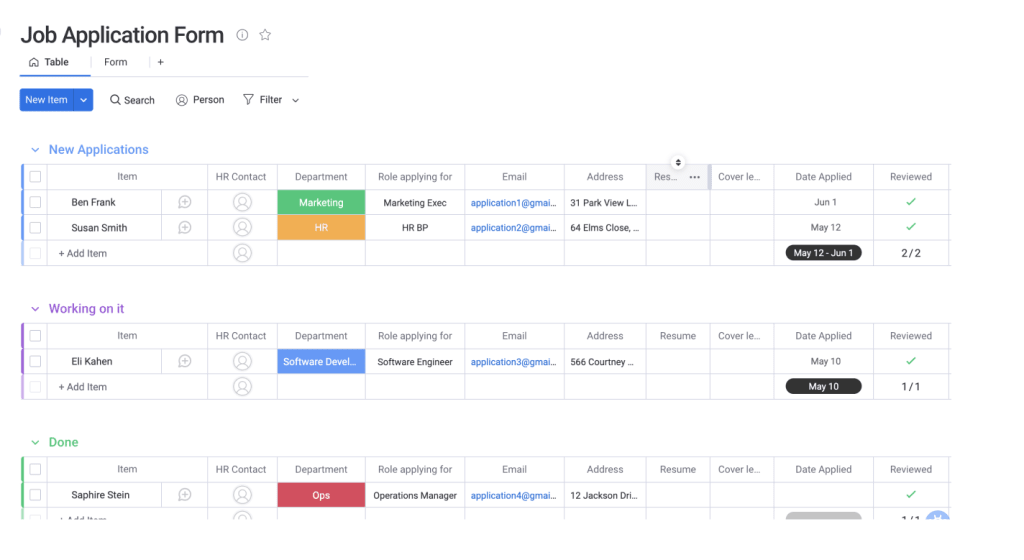 screen shot of job application form board