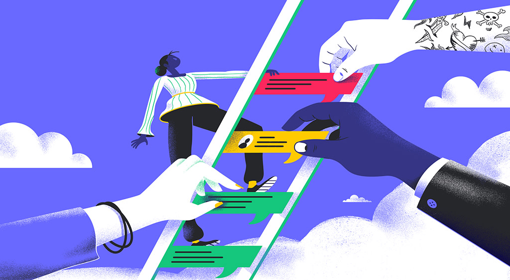 agile project management business plan illustration of woman climbing ladder composed of boxes that are red, yellow, and green