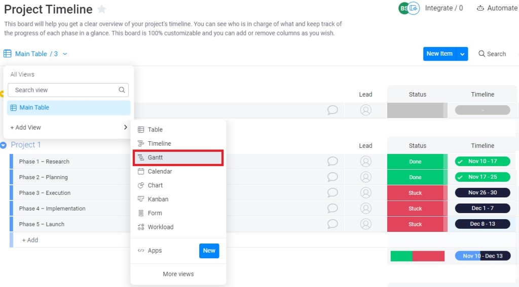 Screenshot of adding a Gantt view to a monday board.