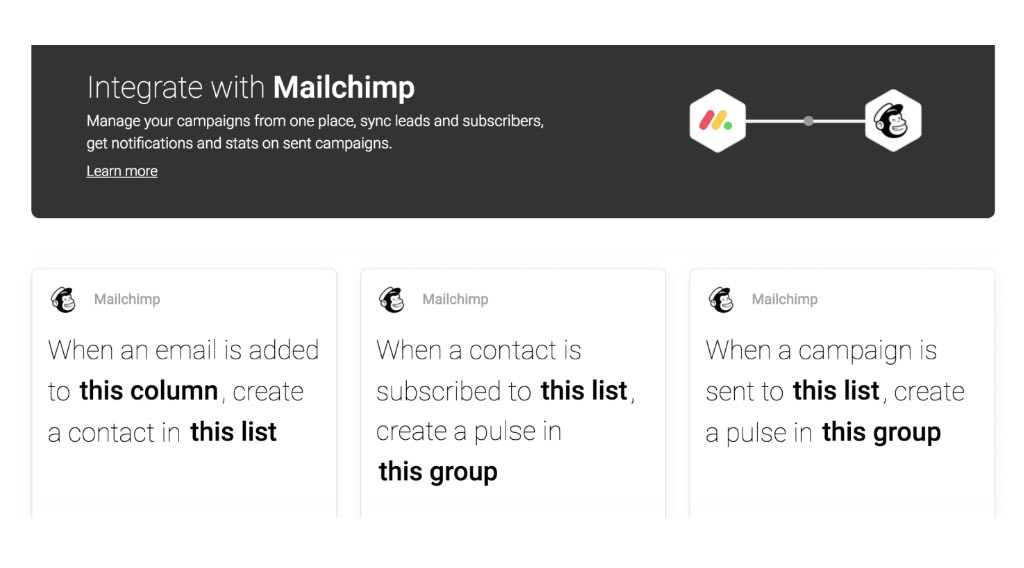 Example of a third-party email drip campaign integration between monday.com and Mailchimp. 