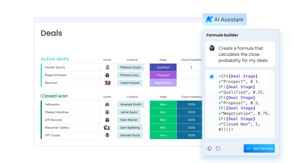 Use AI to build formulas for the most complex pipeline reporting needs using your own words in monday sales CRM.