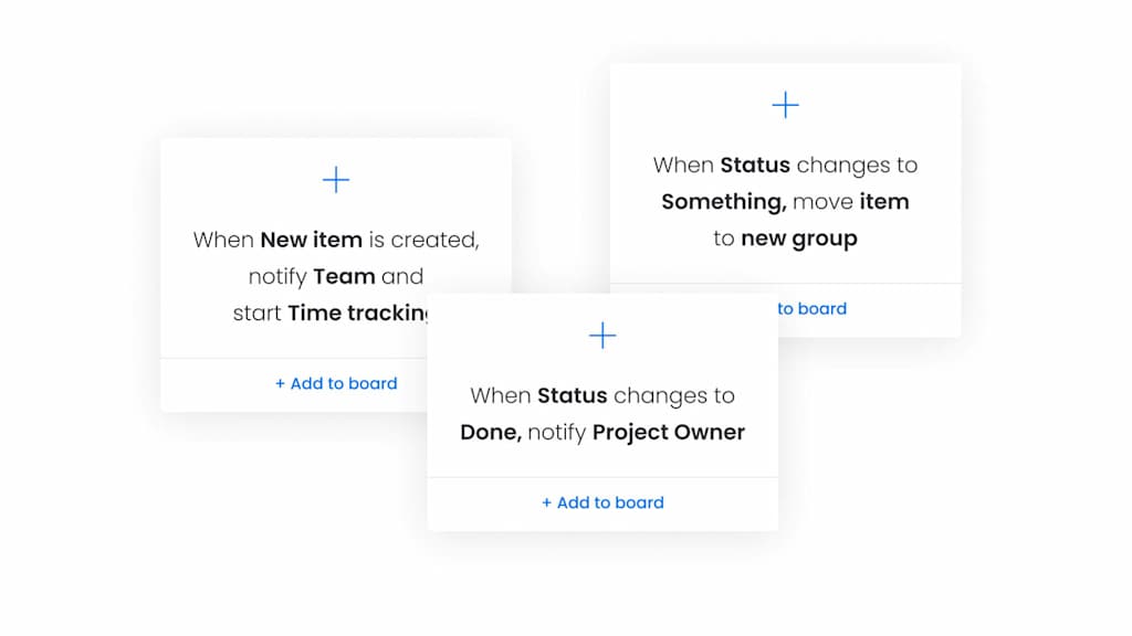 ERP vs. CRM: business process automations in monday work management. shows automations including "When status changes to something, move item to new group"