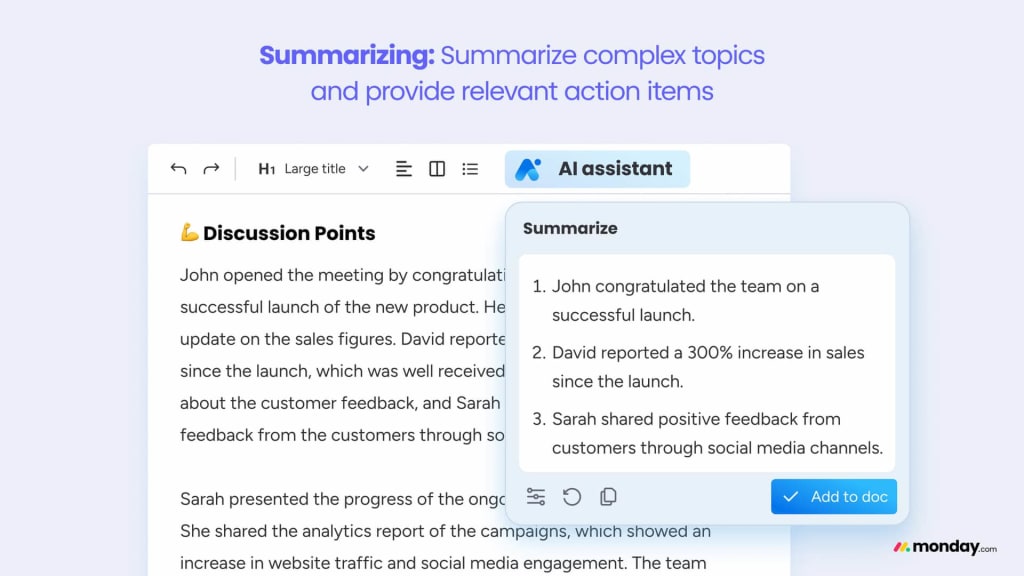 The AI assistant in monday sales CRM summarizes complex topics and provides relevant action items.