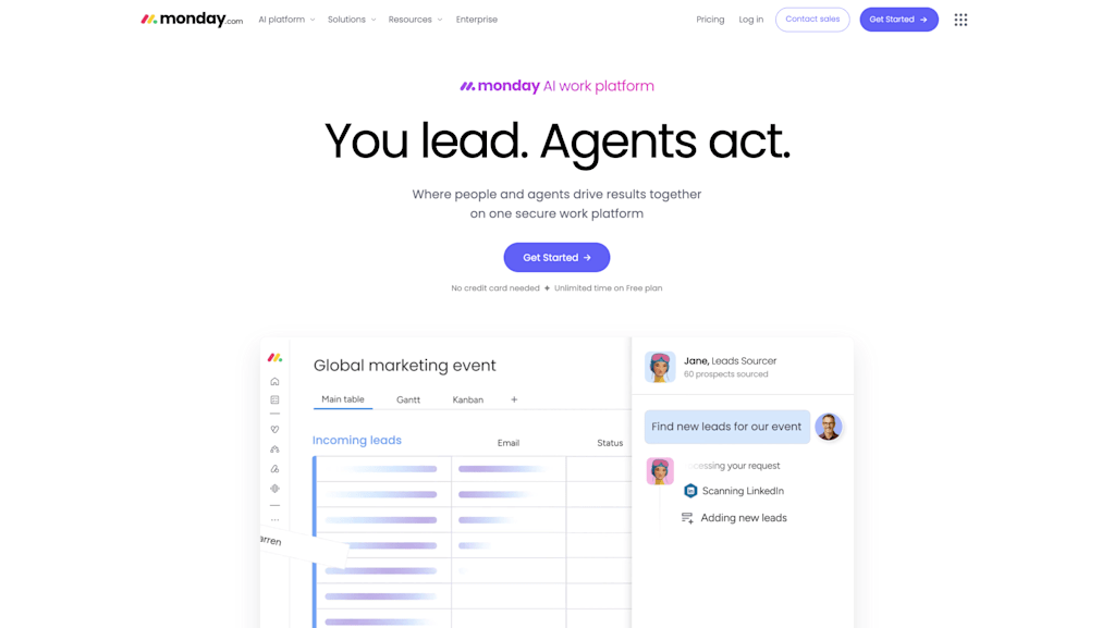 monday AI work platform homepage screenshot