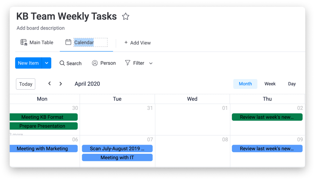 Weekly tasks shown in a weekly calendar