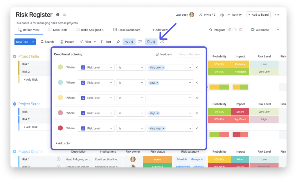 Choose from pre-selected statuses to keep everyone informed, or add conditional coloring to show changes in the risk mitigation plan and keep stakeholders informed.