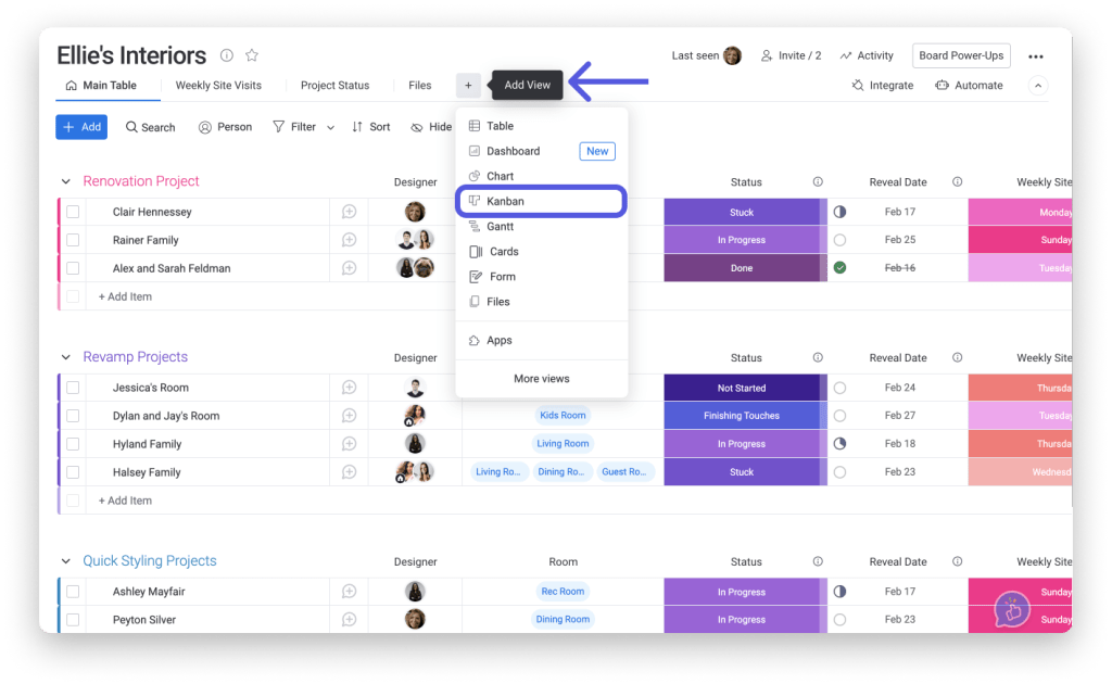 Example of monday.com Kanban view