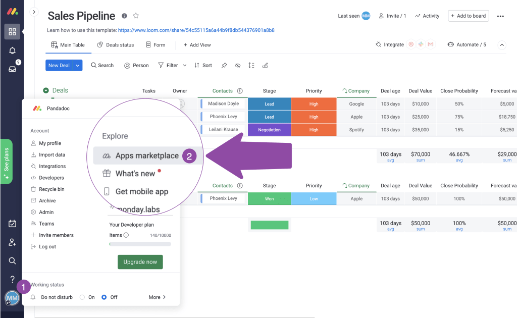 Integrating PandaDoc with monday.com