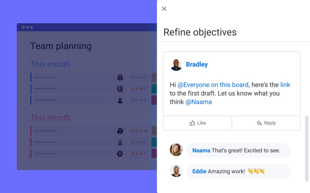 Users interacting through comments on a monday.com board. 