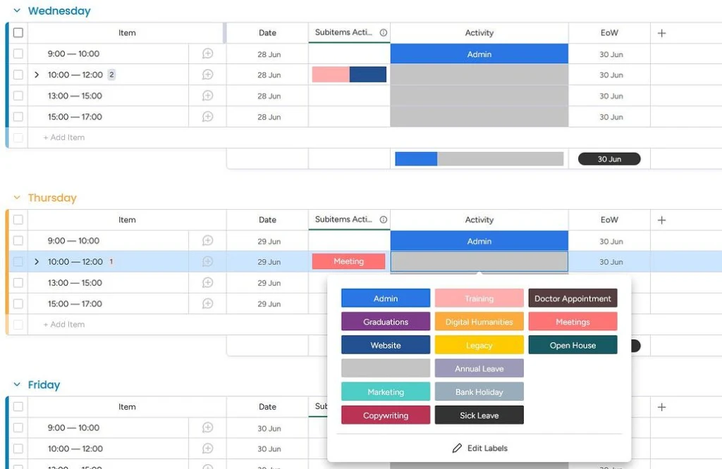 sample time blocking in monday.com from user forum 