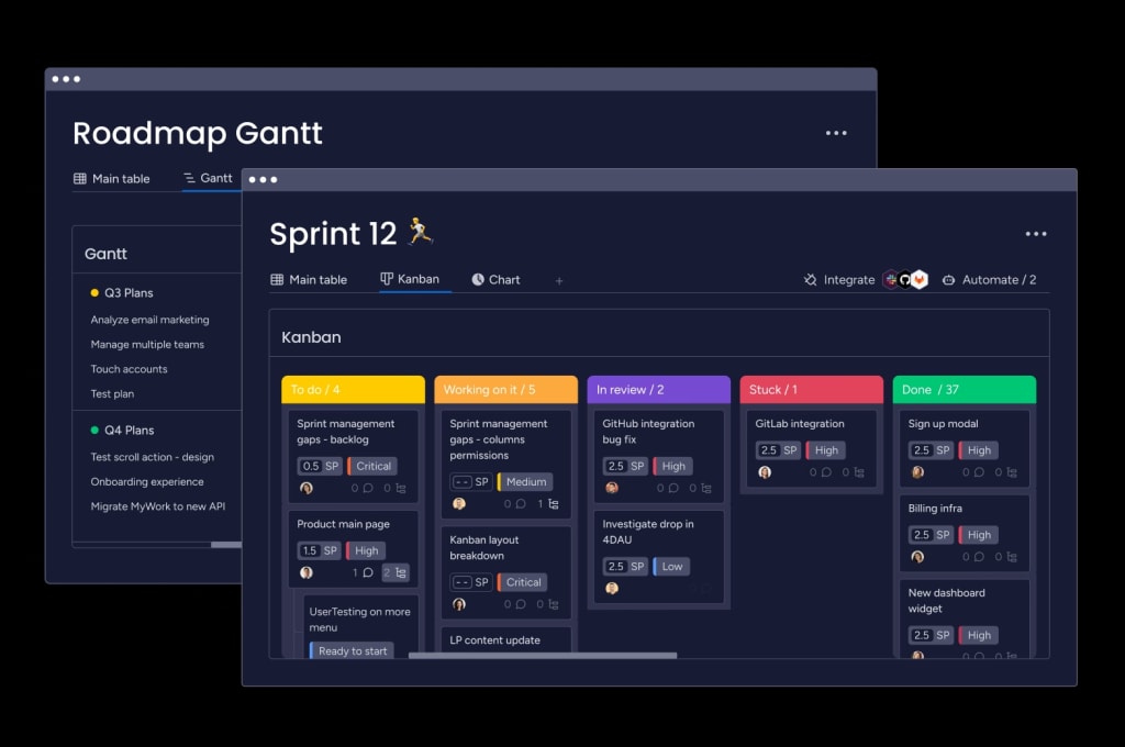 Streamline an entire development workflow, including roadmap, sprints, backlog, bug tracking, and retrospective elements in one place. 