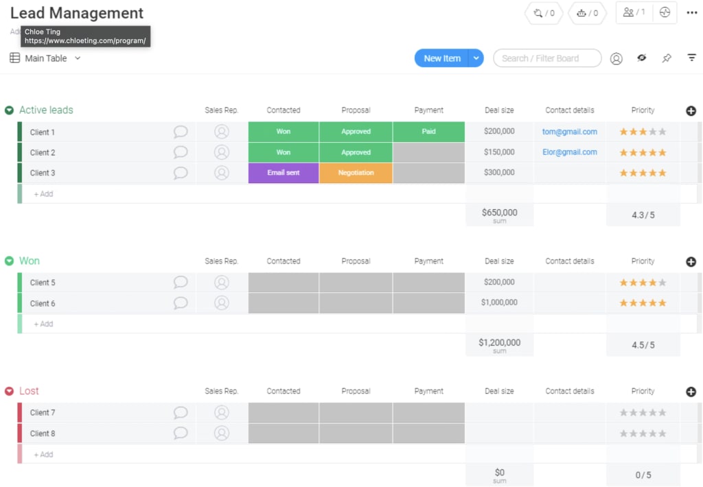 monday.com lead management board