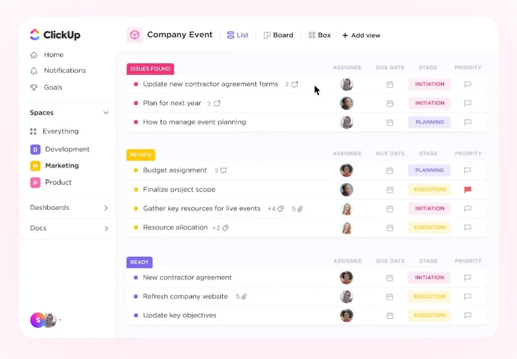 A screenshot of the ClickUp project management system to serve as a comparison between ClickUp vs. Asana. 