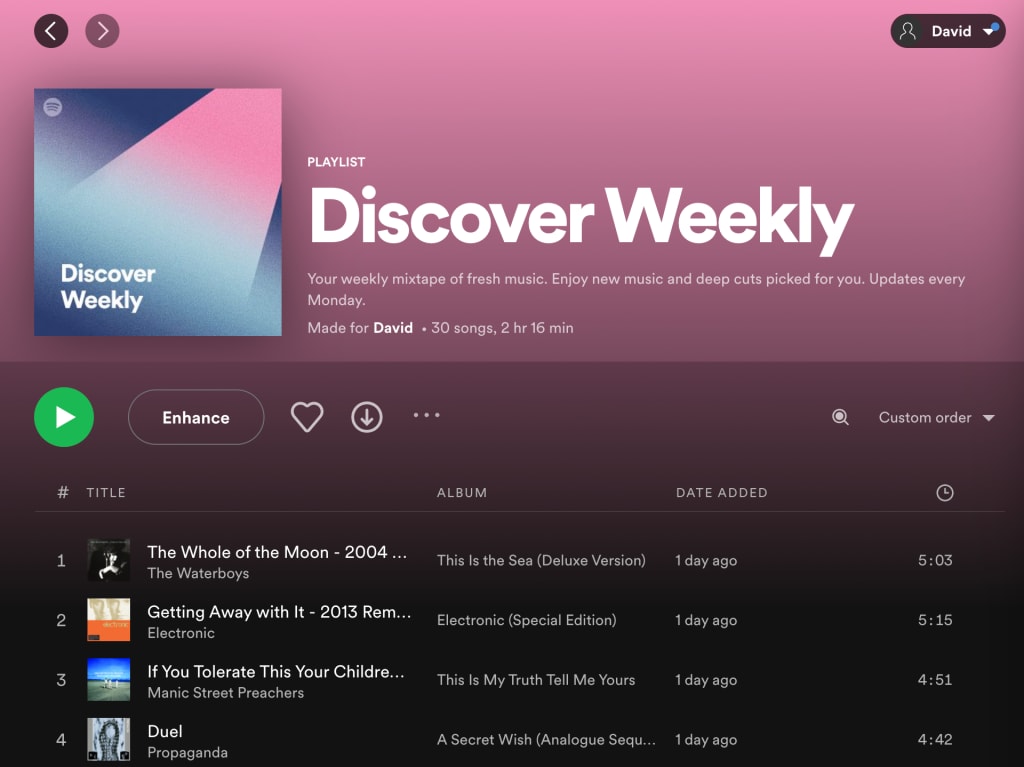 Spotify creates a “Discover Weekly” playlist for each user based on songs and podcasts they’ve listened to previously.