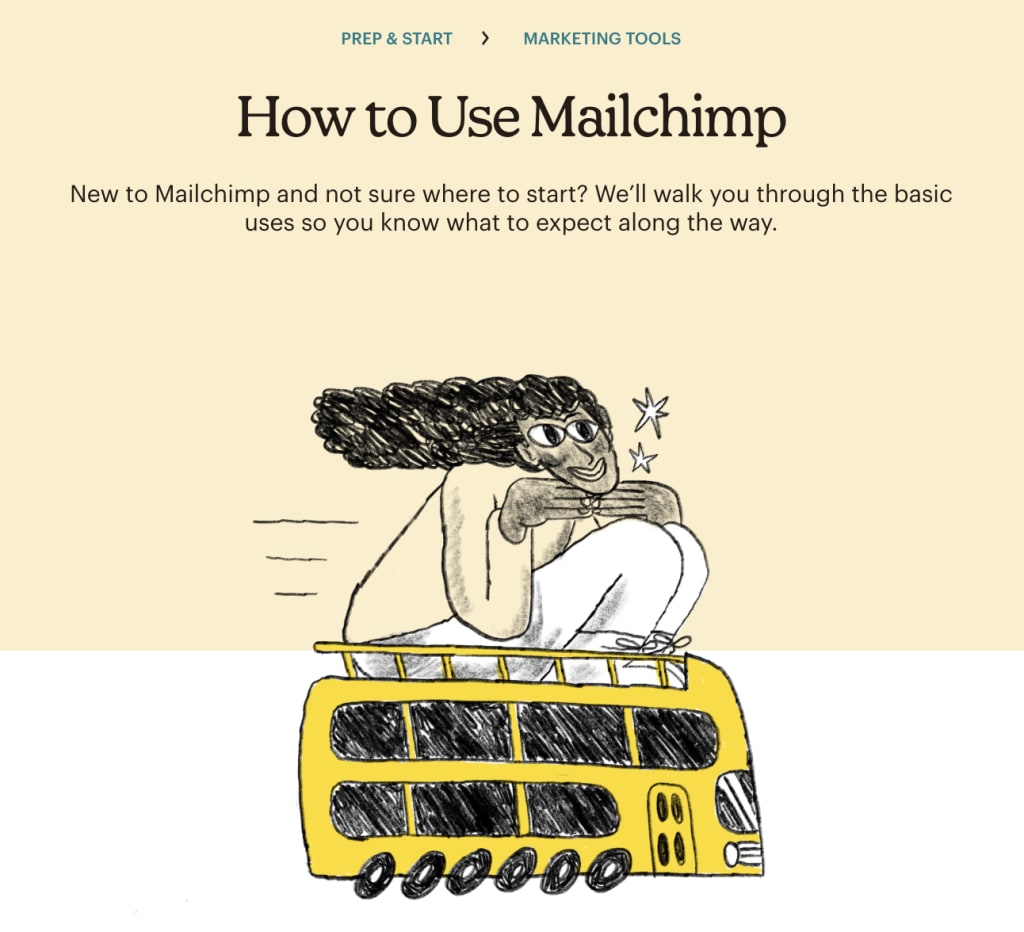 Eine Illustration und Überschrift auf einer Anleitung, die erklärt, wie man Mailchimp benutzt, mit einem Zeichentrickcharakter auf einem gelben Fahrzeug.