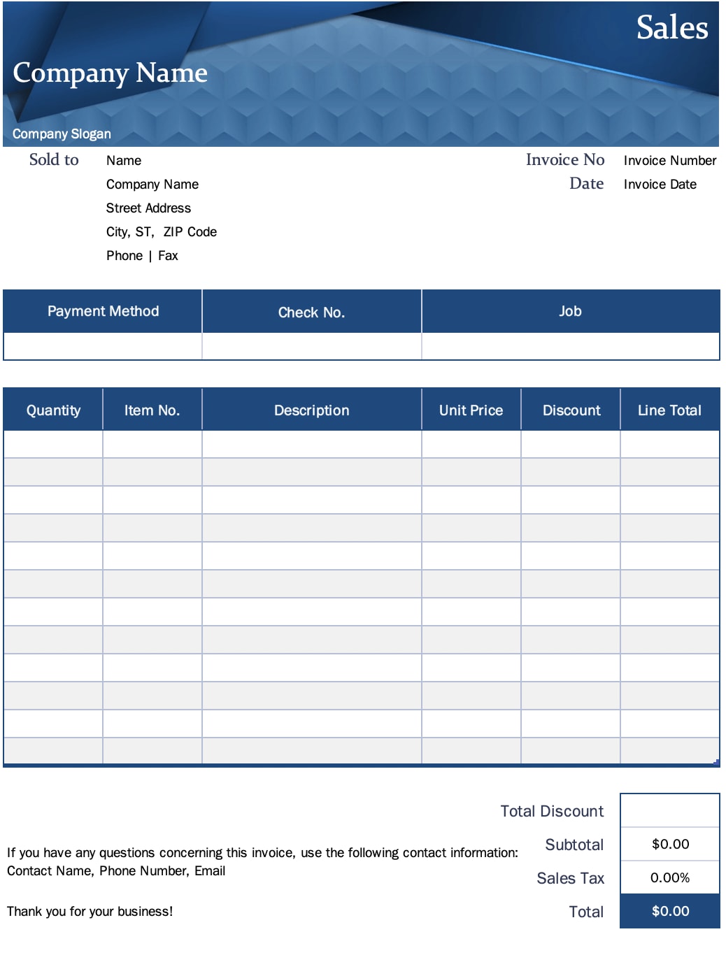 Screenshot of blue sales receipt template on Microsoft Excel