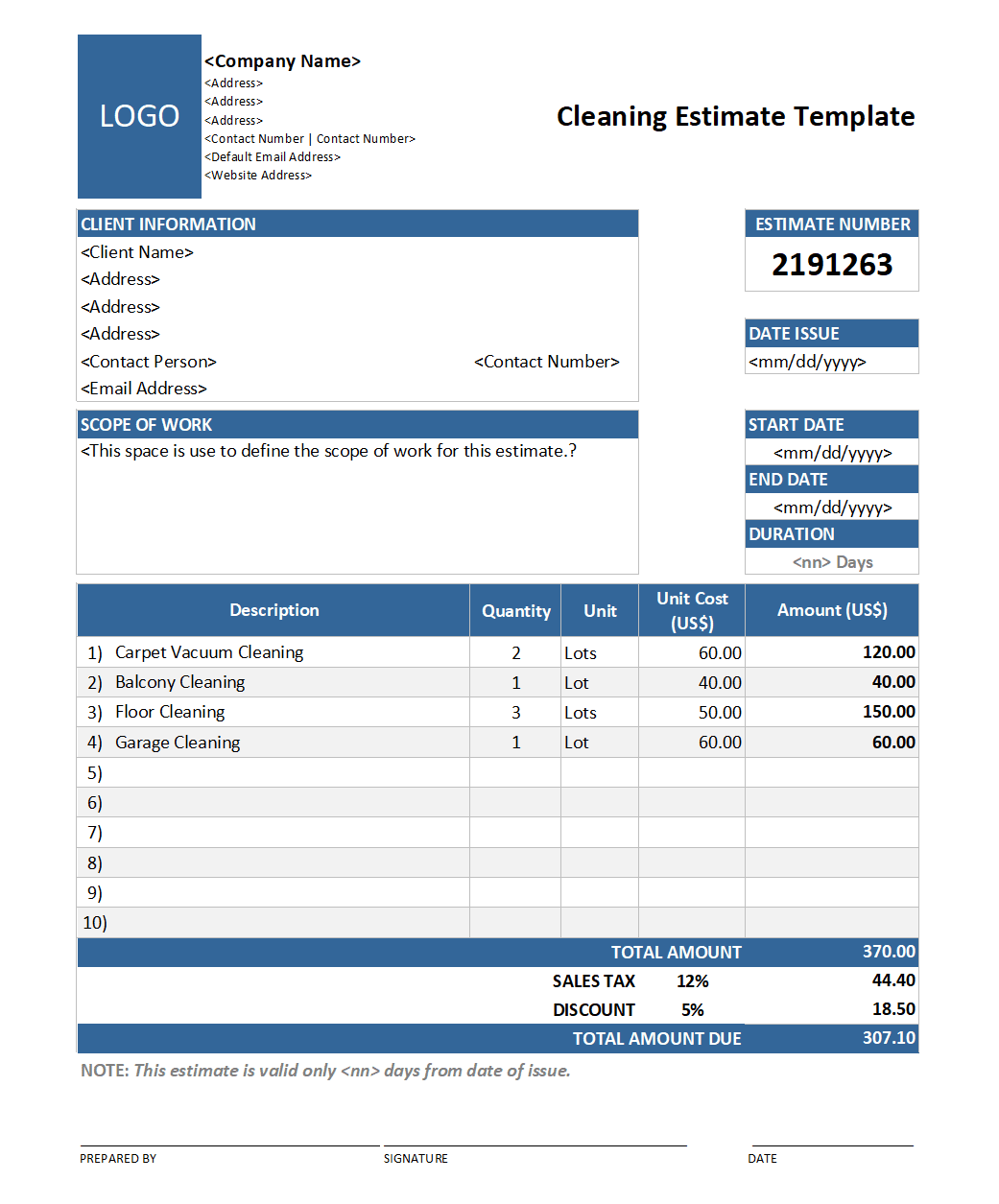 example of a work estimate template for the cleaning industry