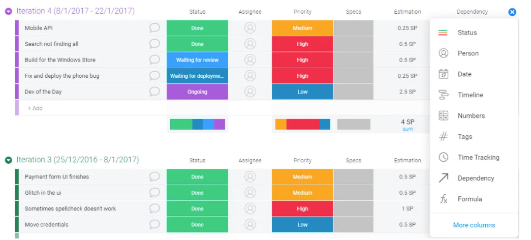 screenshot showing sprint planning template from monday.com with columns for status, assignee, priority and estimated duration