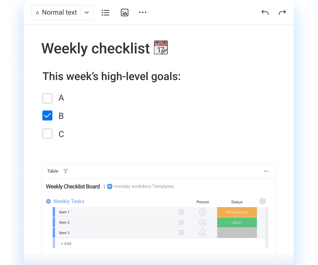 example of a monday.com workdoc checklist
