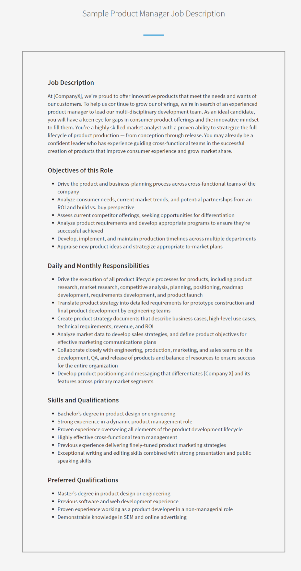 Job description template for product manager positions