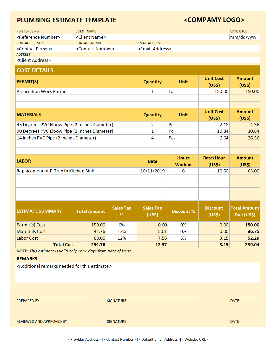 example of a plumbing work estimate