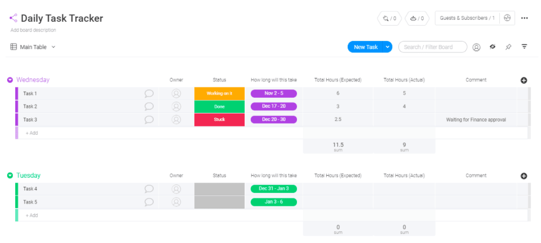 monday.com day planner template