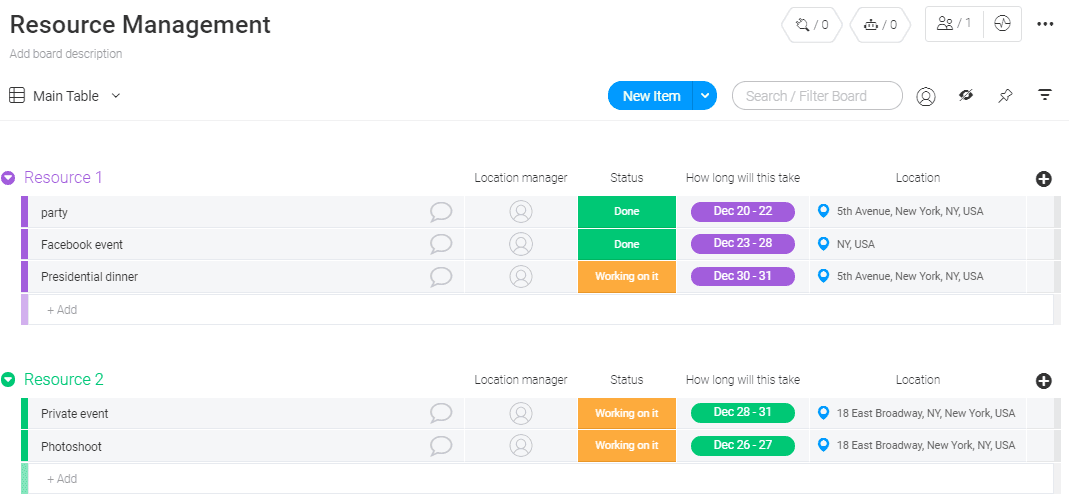 Screenshot of monday resource management template