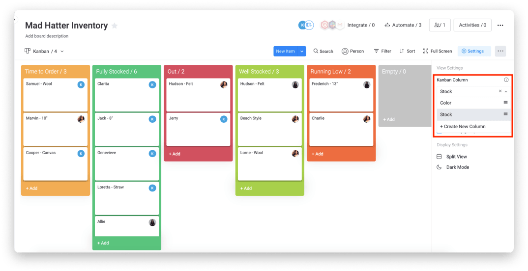 monday.com project management software in kanban format