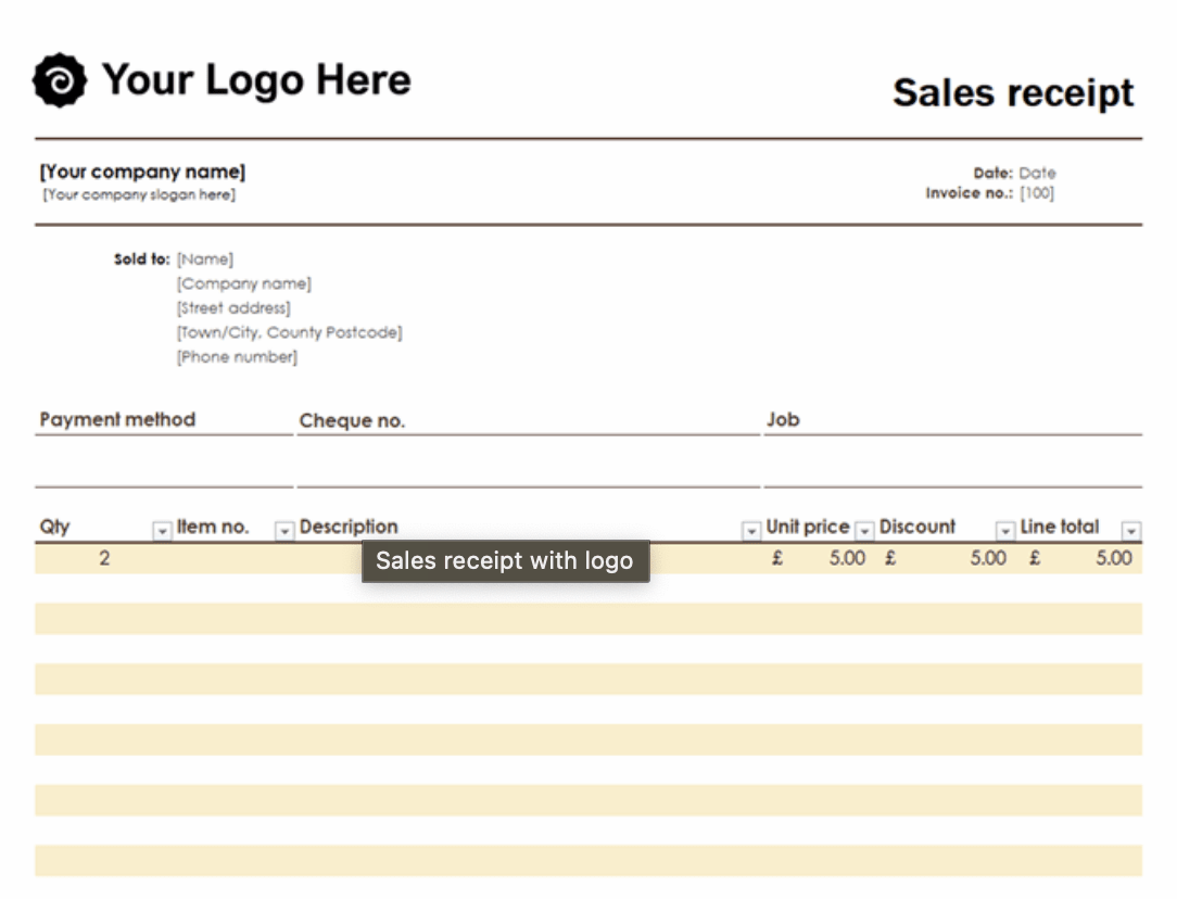 Basic sales receipt template on Microsoft Office