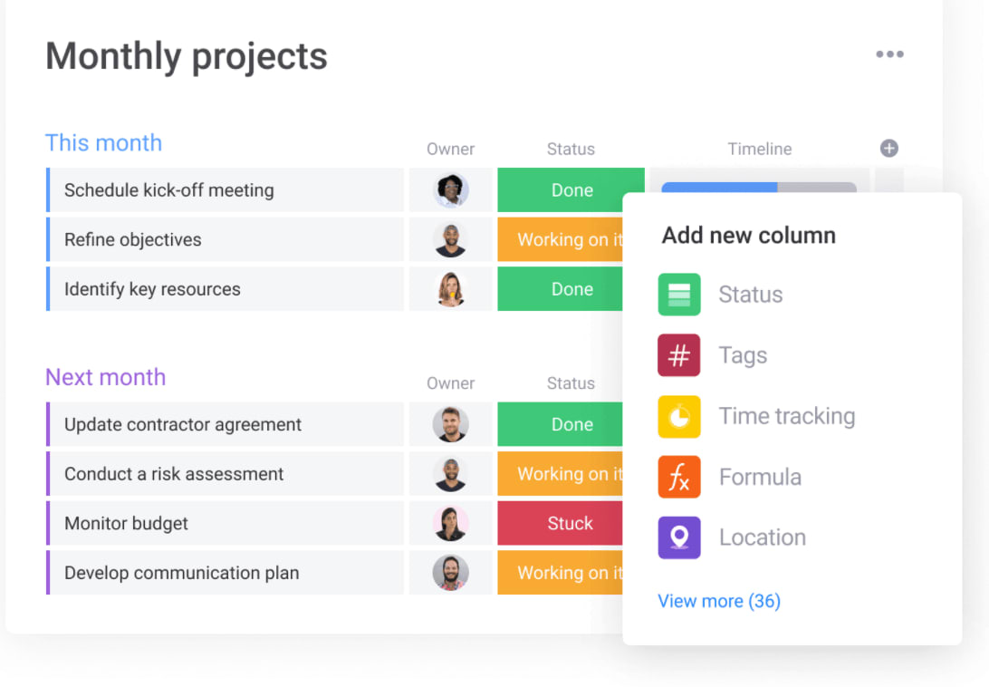 screenshot of table showing current and planned monthly tasks to complete